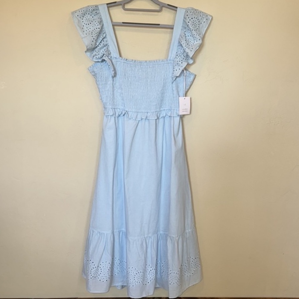 NWT Lauren Conrad dress blue tiered ruffle sleeve eyelet trim smocked dress Sz L - Picture 4 of 12